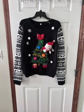 Women’s Black Christmas Tree Sweater with Patterned Sleeves